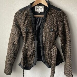 Oleg Cassini jacket size small wool tweed with ruffle waist belt Brown  black